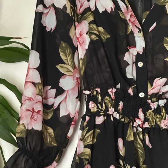 Black and Pink Long Sleeve V-Neck Sundress - Picture 3 of 15